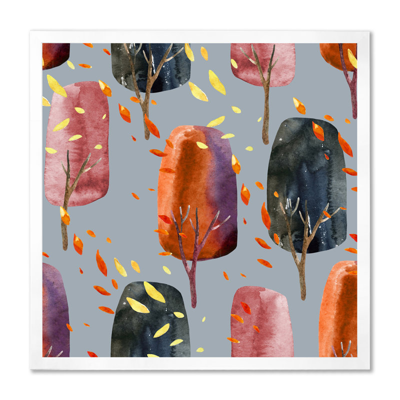 «Retro Autumn Trees With Falling Leaves II», reproduction d'art sur toile, H 30 po x l 30 po x P 1 po, Cadre photo blanc