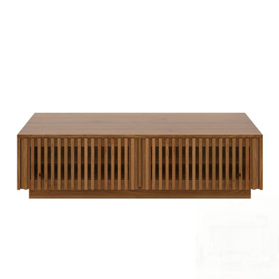 Mid Century Modern Solid Wood Coffee Table with Slatted Storage Drawers, Rectangular Low Profile Wooden Cocktail Table, Farmhouse Hidden Storage Cente