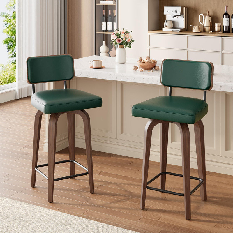 Set of 2 Swivel Counter Height Bar Stools – 26" Walnut Wood Legs, Faux Leather Upholstered Cushions, Mid-Century Modern Design for Kitchen Island