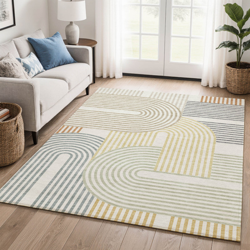 Premium Machine Washable Villers Mid-Century Modern Rug, Ivory, 10 pi x 14 pi