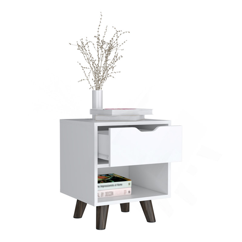 Crail Nightstand With 1 Open Storage Shelf, 1 Drawer And Wooden Legs, White