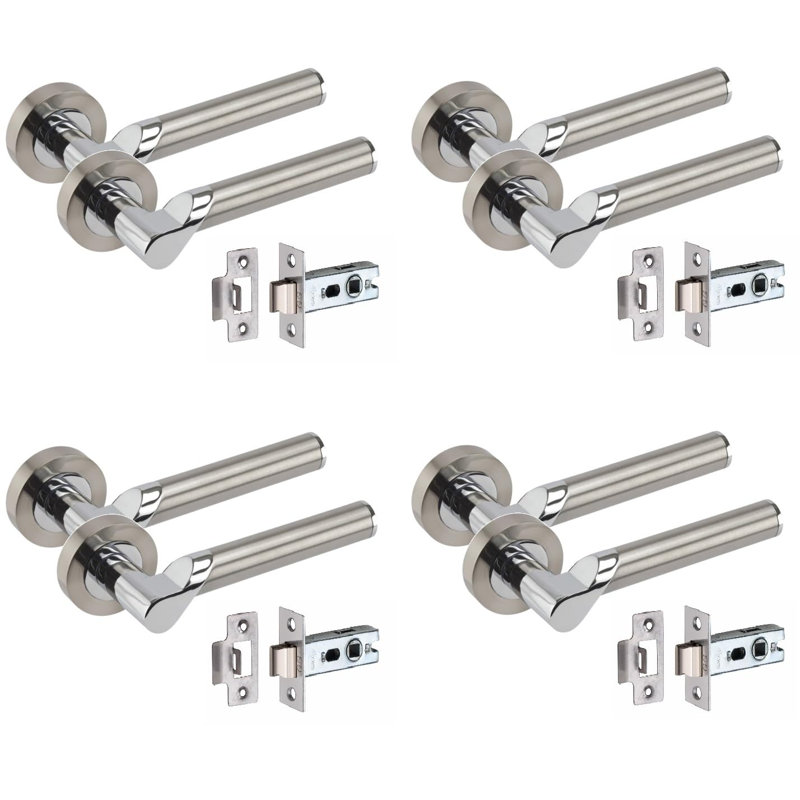  4 Pairs Titan Design Door Handles on Round Rose in Satin Nickel Polished Chrome with 2.5" Tubular Latch - 52mm Diameter