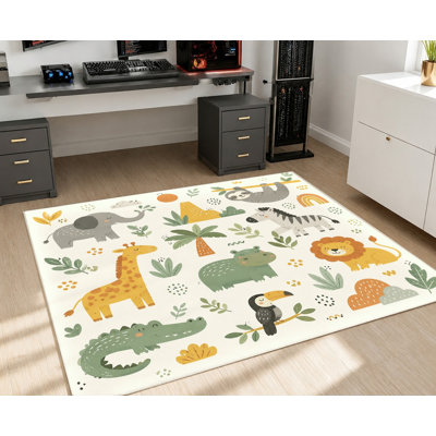Tapis de sol safari jungle animaux de dessin animé, imprimé éléphant, girafe et crocodile, tapis antidérapant et ludique, décoration intérieure colorée pour chambre, salle de jeux, dortoir, salon, appartement