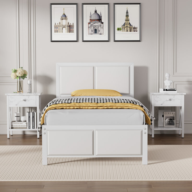 Ensemble de chambre à coucher pour lit simple 3 pièces Kempst, ensemble de lit plateforme et table de chevet en bois moderne, ensemble de mobilier de chambre à coucher industriel de style campagnard en blanc, aucun sommier nécessaire