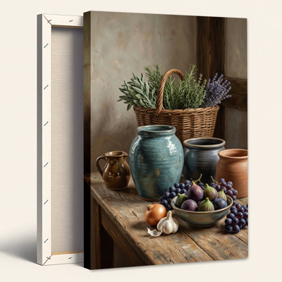 Tableau sur toile représentant un panier d'herbes aromatiques et de fruits frais sur une table en bois