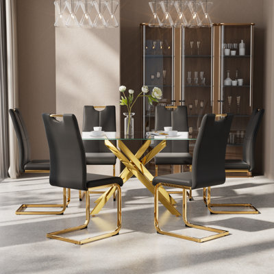 51inch Glass Dining Table Set, Modern Kitchen Table Set with High-Back PU Leather Upholstered Chair for Kitchen Dining Room
