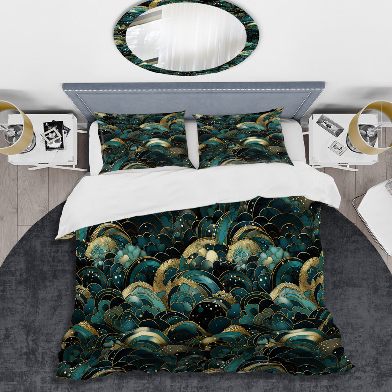 Ensemble de housse de couette Rich Emerald And Gold Marble, Housse de couette pour très grand lit et 2 très