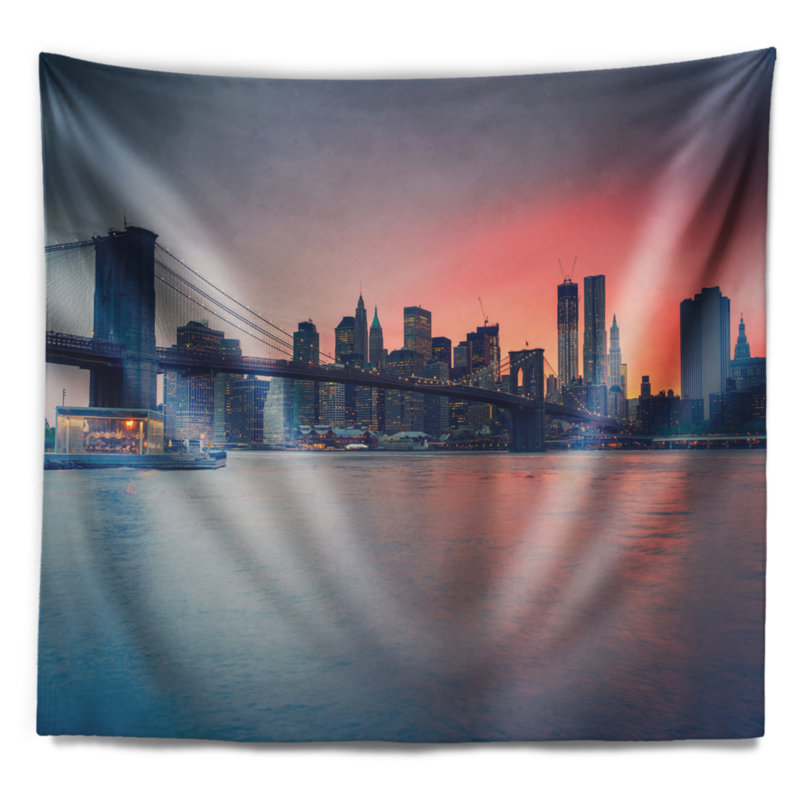 Paysage urbain de brooklyn bridge au crépuscule tapisserie, H 50 po x l 60 po