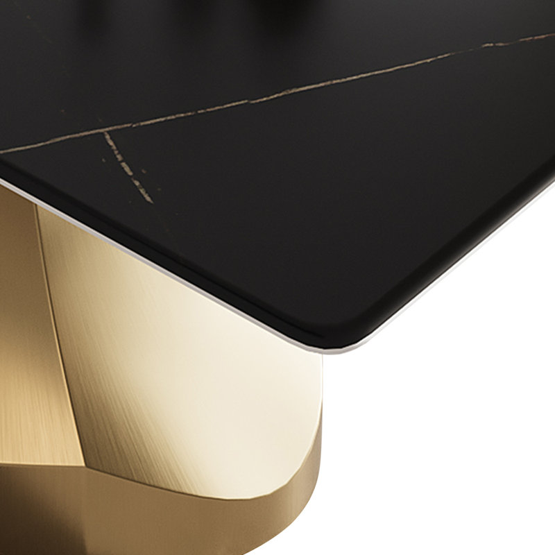 Table de salle à manger rectangulaire en ardoise noire avec piédestal en acier inoxydable