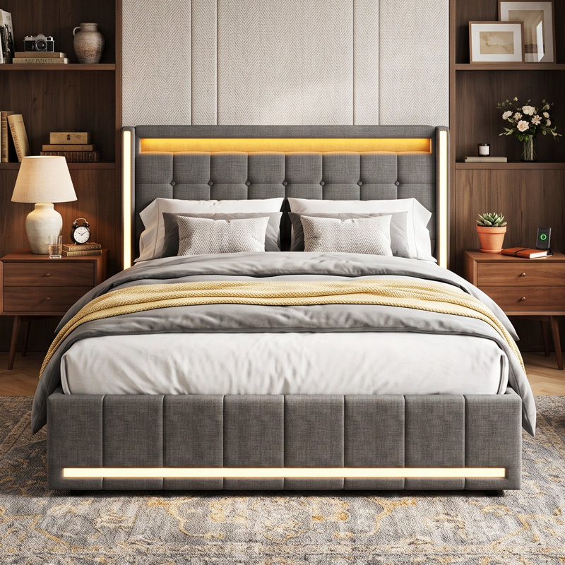 UK&EU Size Smart Linen Bed Frame with App-Controlled LED Lights, Upholstered Storage Bed with 4 Drawers & USB Charging Station, Grey & Beige