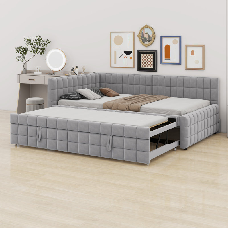 Lit de jour rembourré en L avec couchette escamotable et ports USB, Gris