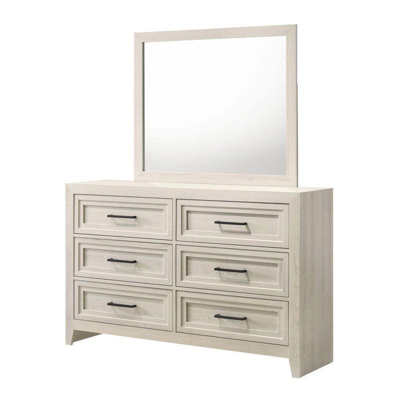 Contemporary Six Drawer Dresser with Geometric Design, Off-White Finish for Modern and Stylish Storage Solutions