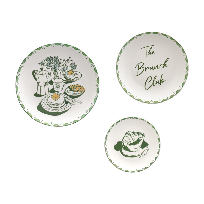 American Art Decor Brunch Club Green & White Ceramic Wall Plate Set of 3