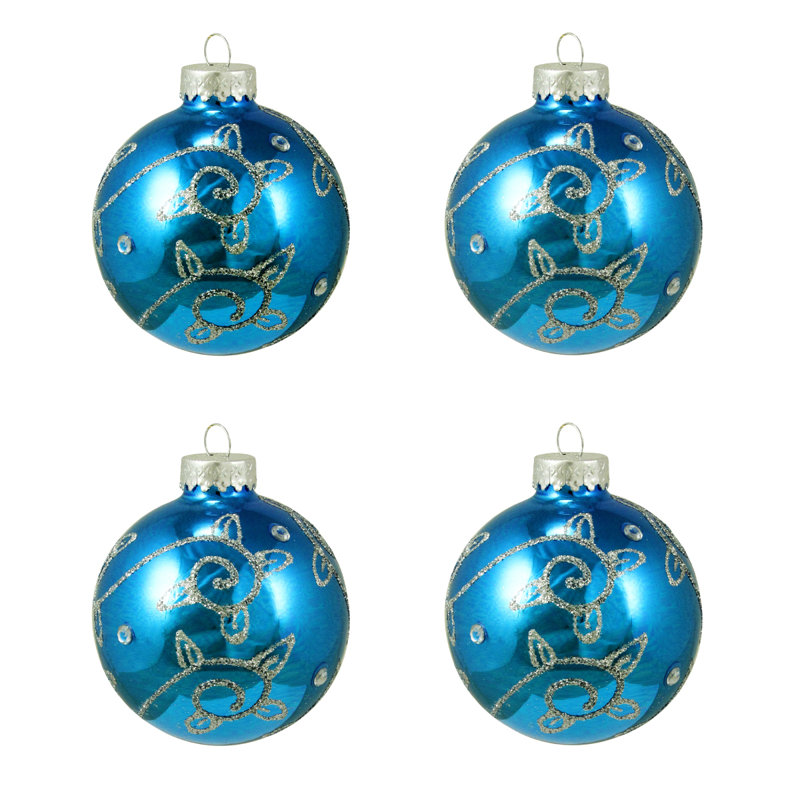 4 boules de Noël en verre scintillant bleu brillant Flourish 4 carats 2,5 po (65 mm)