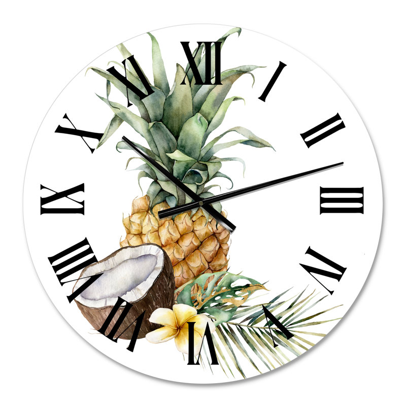 Ananas avec noix de coco, plumeria et feuilles de palmier - Horloge murale traditionnelle, Petit