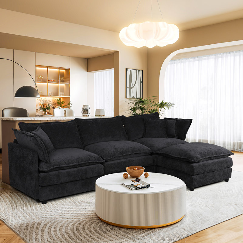 106.5" L-Shaped Modular Sectional Sofa, 3-Seater Cloud Couch with Chenille Upholstery, Lumbar Pillows & Movable Ottoman for Living Room