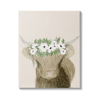 Highland bovins, portrait, coquelicot blanc, couronne florale, impression