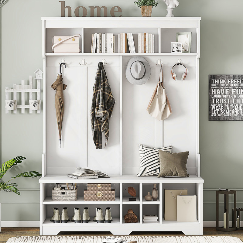 Modern Hall Tree with Metal Hooks and Storage, Perfect for Organized Entryways and Multi-Functional Use