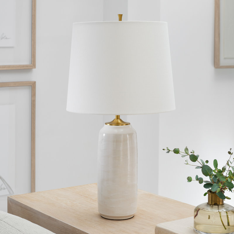 Thomas O'Brien Cato 1 Light Bedroom Home Office Living Room Lamp In Mix Brown Finish With Linen Shade, White