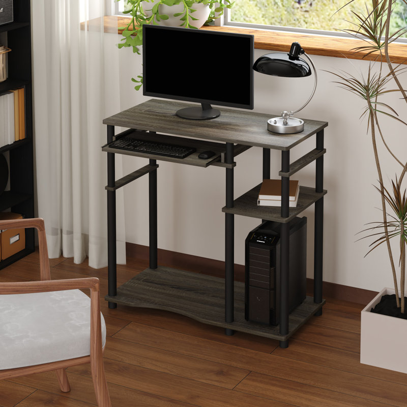 Table de bureau d'ordinateur avec 2 tablettes pour le rangement de bureau et de salon peu encombrant, chêne français gris / noir