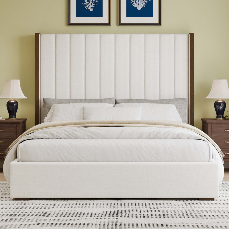 67.5" Tall Headboard Upholstered Bed With Vertical Striped And Wingback Design