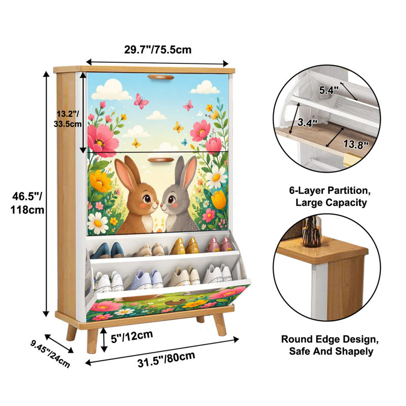 Shoe Storage Cabinet with 3 Flip Drawers for Cute Cartoon Bunnies Colorful Flower Garden Butterflies Shoe Rack Storage Organizer