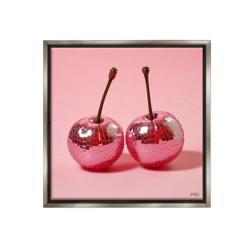 «Reflective Cherries On Pink Floater Frame» par RB on, Cadre flottant gris lustré, H 25 po x l 25 po