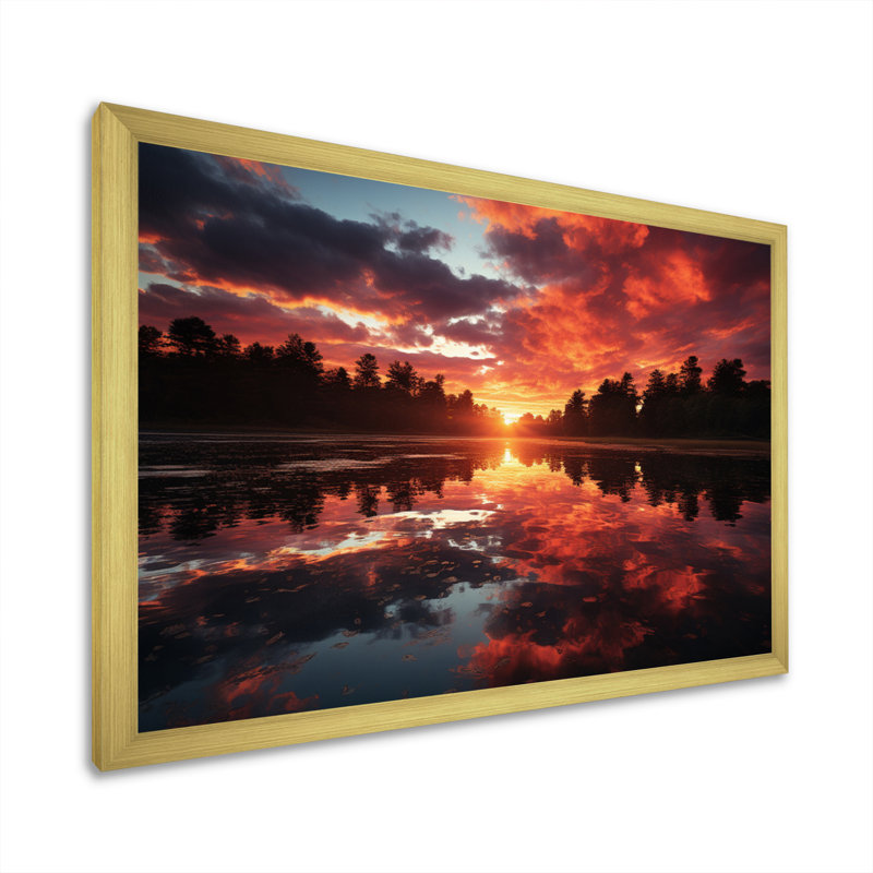 Coucher de soleil sur le lac, H 24 po x l 32 po x P 1 po, Encadrement doré