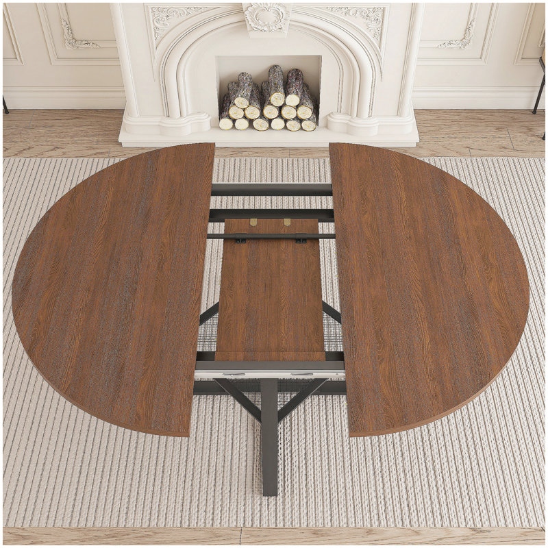 47 Inch Extendable Round Dining Table for 4-8 with Storage, Walnut Finish Circle Dining Table with Metal Frame & Thickened Top, Multi-Functional Kitchen & Living Room Table