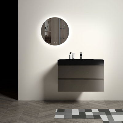 Lavabo de salle de bain 36 po - Gris moderne, grand rangement, lisse et silencieux, fixation murale, poignée - perspective biseautée avec gris, grand design moderne