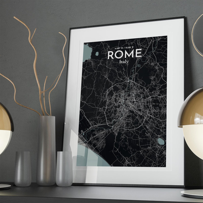 Rome, carte de la ville, impression dans la nature, Gris / noir, H 36 po x l 24 po