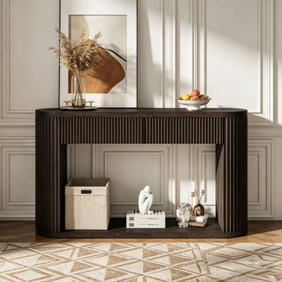 Console ovale cannelée avec 2 tiroirs et tablette inférieure