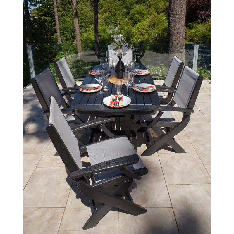 POLYWOOD Coastal Folding Arm Chair 7-Piece Dining Set, Burlap, Black