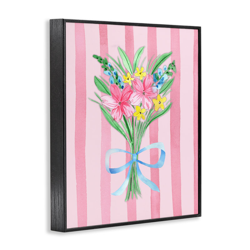 «Spring Bouquet & Bow Stripes», estampe numérique, conception de Nina Jacobs, Giclée encadrée noir minuit, H 14 po x l 11 po