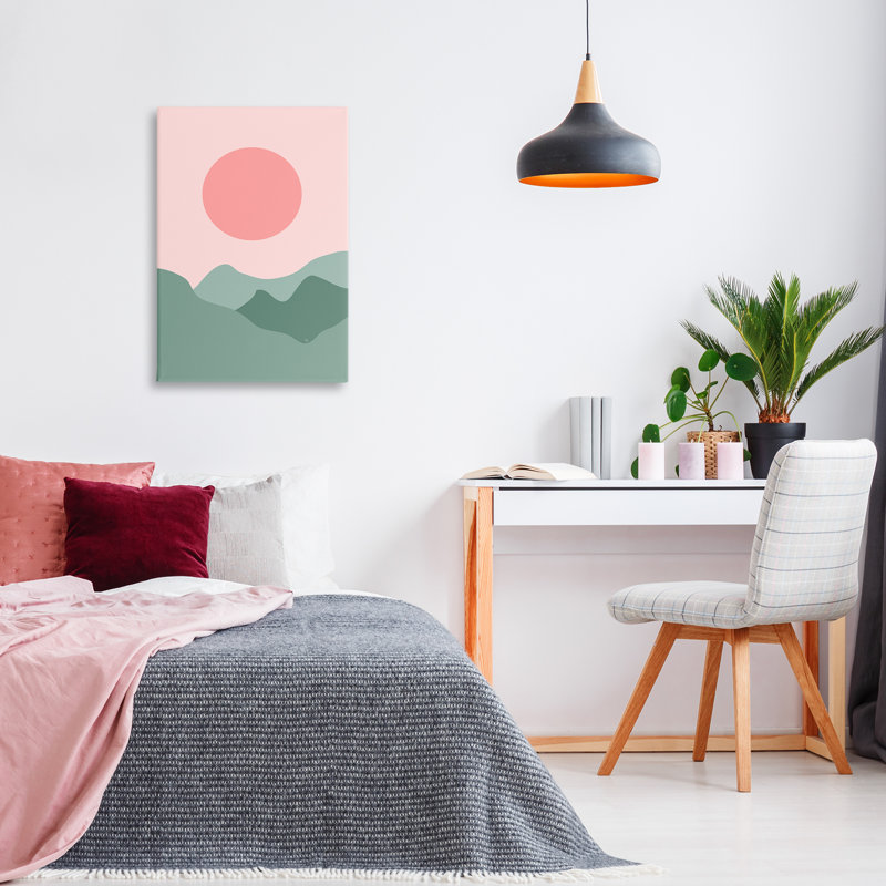 Art mural sur toile "Pink Sun Green Mountains" par Martina Pavlova, H 30 po x l 20 po