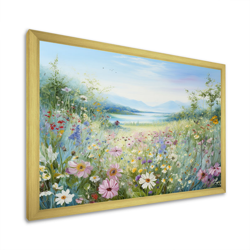 Simplity Wreath Green Flower Field - Art mural grand champ de fleurs, H 34 po x l 44 po x P 1,5 po, Cadre doré simple