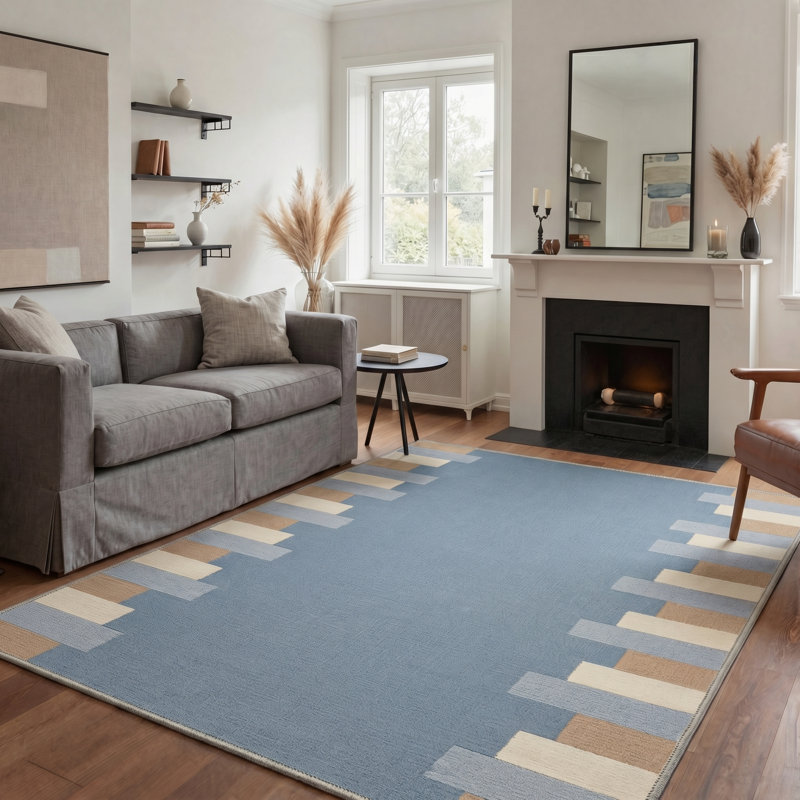 GeoStripe Geometric Machine Washable Blue Indoor Area Rug with Non-Slip Backing, Round 5'