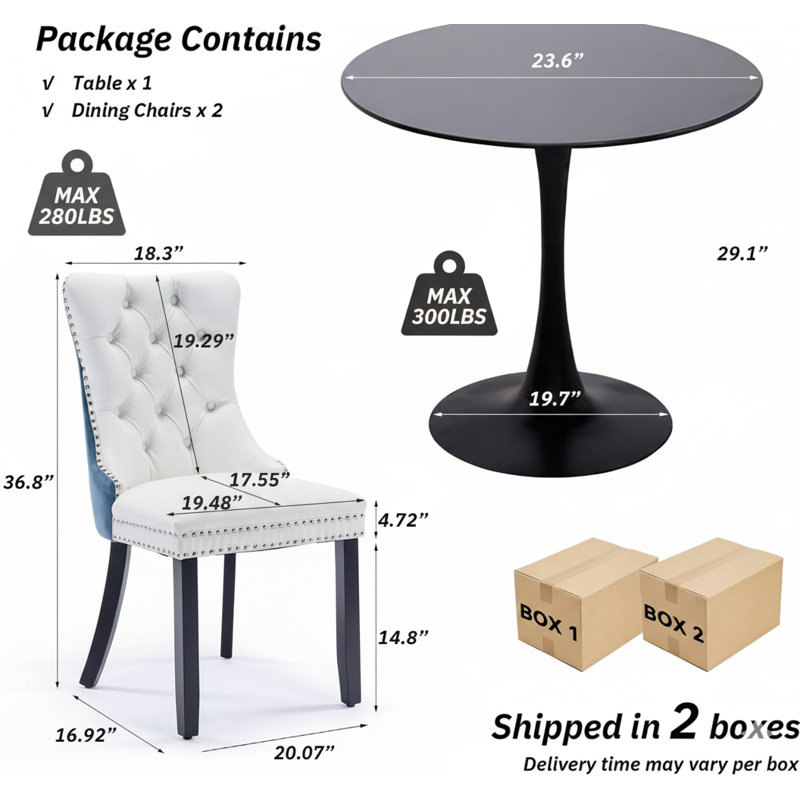 Round Dining Table Sets with 2 chairs, Black, White/Blue/Black