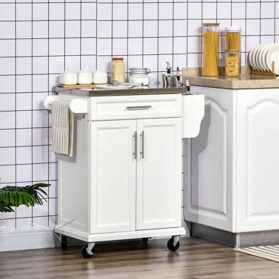 HOMCOM Kitchen Island On Wheels, Rolling Kitchen Cart With Stainless Steel Countertop, Drawer, Towel Rack And Spice Rack, Utility Storage Trolley, White