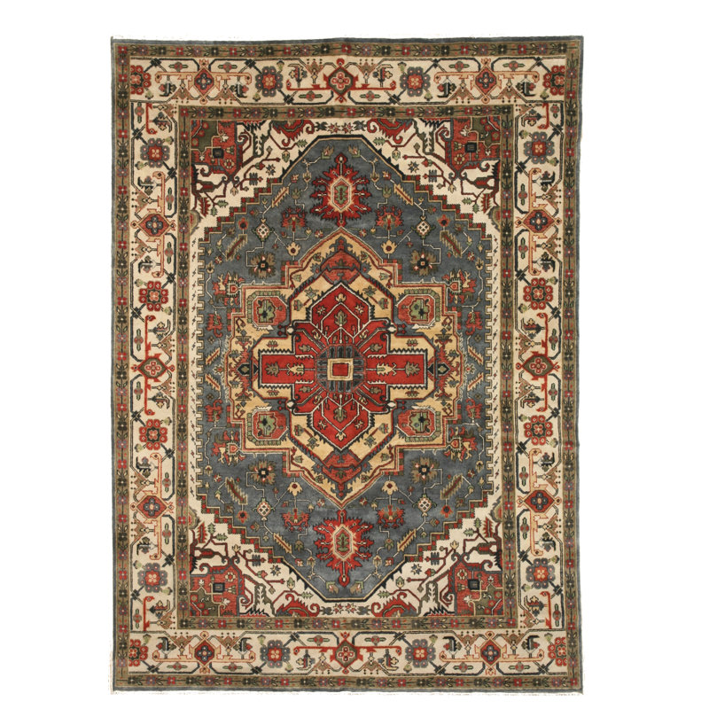 Tapis oriental en laine fabriqué à la main bleu Geoffrey, Rectangle 8 pi x 10 pi