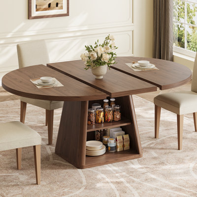 43"-59" Extendable Dining Table for 4-6 People, Transformer Round/Oval Dining Table with Storage Space,  Space Saving Wood  Kitchen Table with Thick Tabletop & Pedestal Base