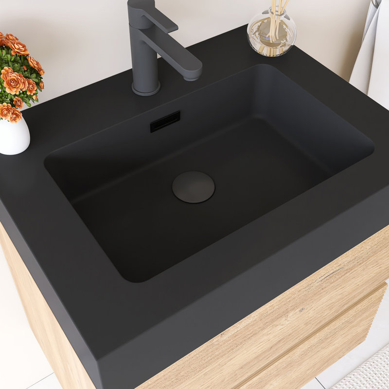 24" Wall-Mounted  Bathroom Vanity With Black Solid Surface Basin, 24"