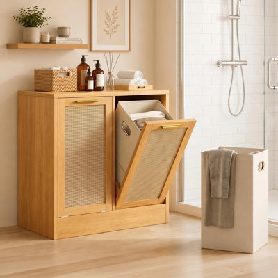Laundry Bathroom Cabinet with Breathable Real Rattan Design