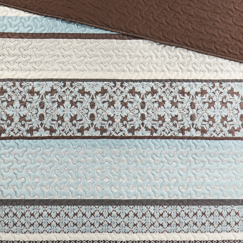 Courtepointe 5 pièces pour très grand / très grand lit, bleu avec motif géométrique réversible, motif, Bleu