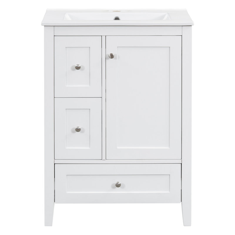 24" Single Bathroom Vanity Set With Ceramic Top, Silver, White