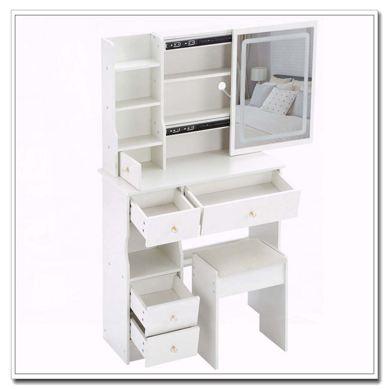 29.2" Small Space Vanity Table with LED Mirror, Power Station, Hair Dryer Bracket and Stool, White