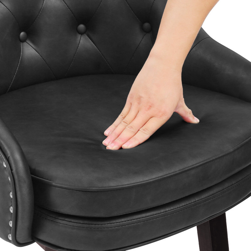 Tabouret de bar rembourré Chela Vigo, Siège en similicuir noir tacheté / base espresso, 3