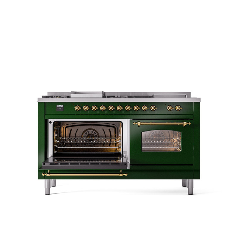 ILVE Nostalgie II Series 60 inch Dual Fuel Range with 5 Sealed Burners, Griddle, Frenchtop (Glass Door), Emerald Green/Brass