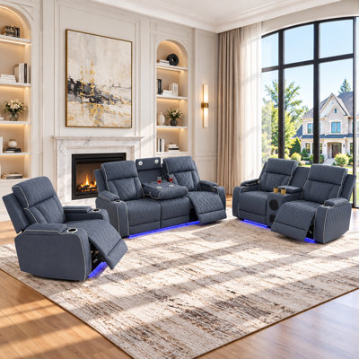 3-Piece Premium Faux Leather Power Reclining Living Room Sofa Set with Bluetooth Speaker