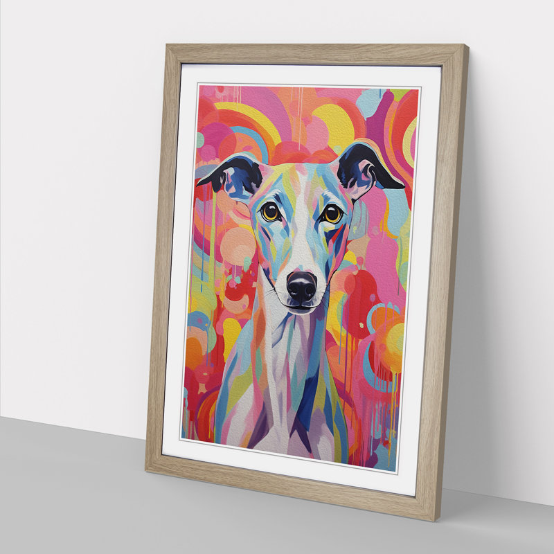 Whippet Colour Field Art - Framed Print, Oak Framed, 34cm H x 25cm W
